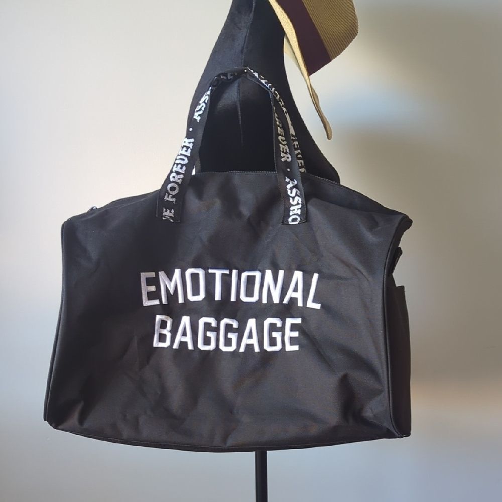 Emotional Baggage Black Duffel Bag with White Embroidery